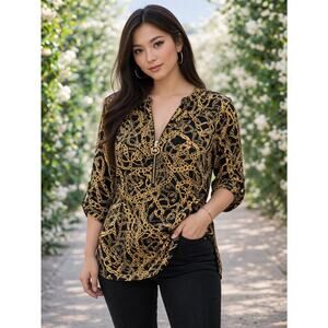 1091 Michael Kors Black Gold Chain Print Blouse Zip Neck 3/4 Sleeve Chic 1X